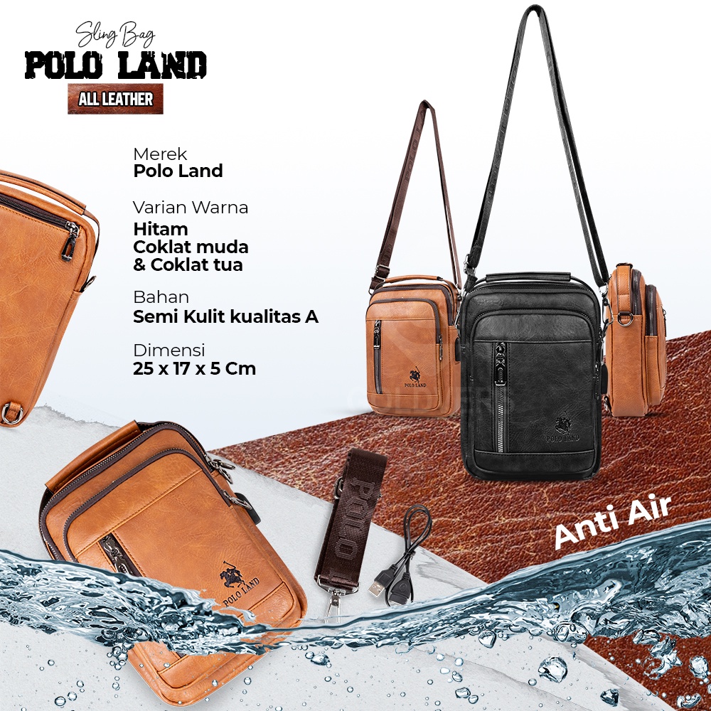 Tas Selempang Pria Kulit Slempang Pria Slingbag Cowok POLO LAND MULTIFUNGSI + FREE KABEL USB - Distributor