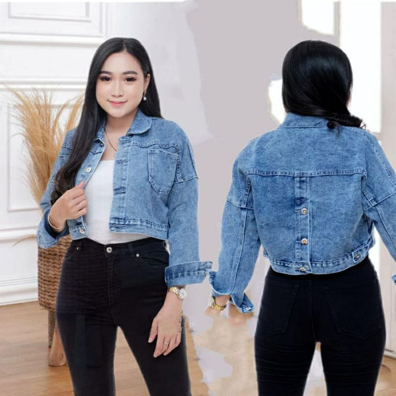 JAKET JEANS ALMA SANDWASH JUMBO LD 100-146 BAHAN DENIM JAKET WANITA CROPTY BIGSIZE-NAYRA BIRU ld 100