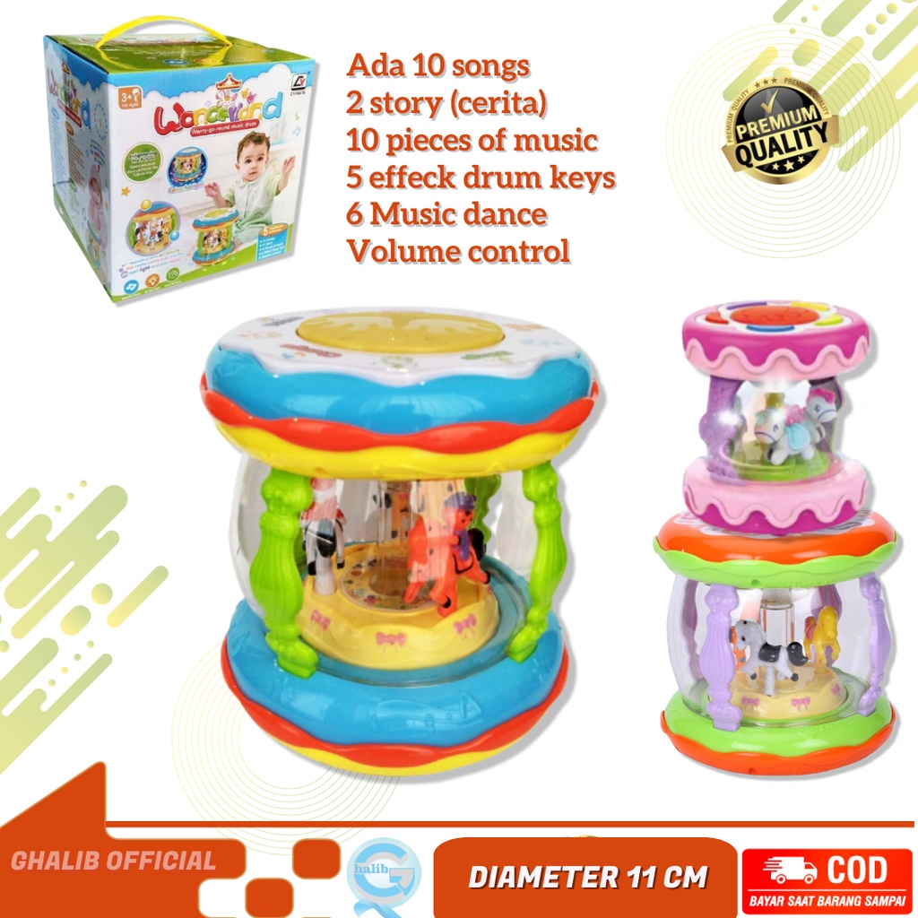 Mainan Anak Bayi Animal Komedi Puter Musik Wonderland Drum Putar Merry Go Round Music Dance Drum Mai