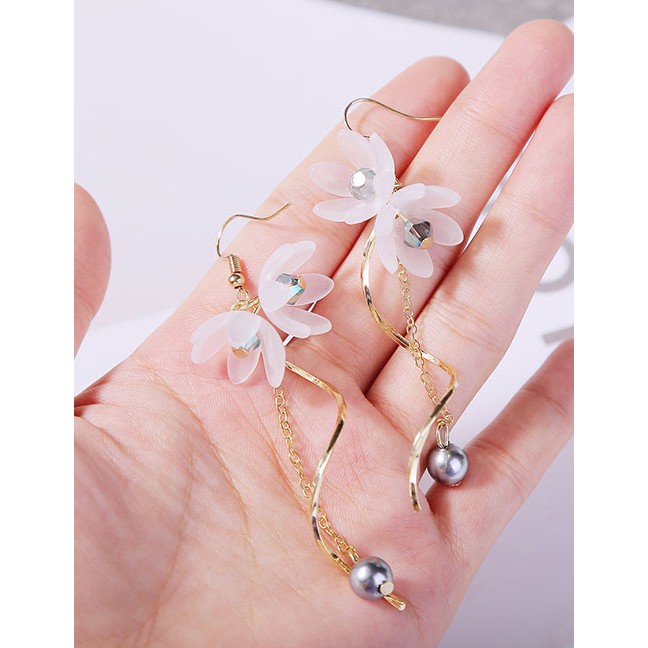 LRC Anting Gantung Fashion White Lily Flower Fringed Pearl Long Earrings D96518