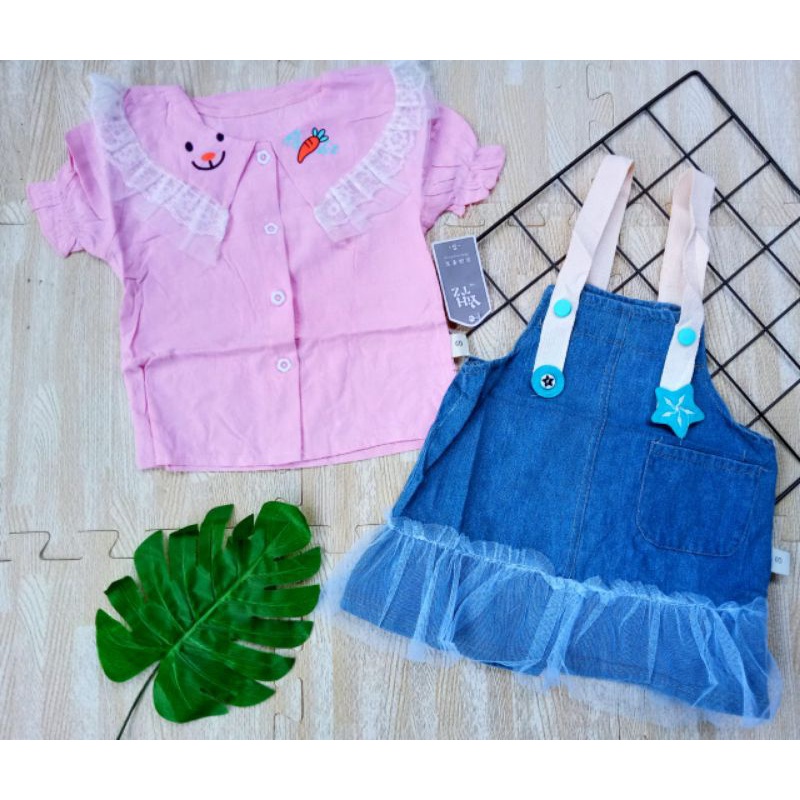 SETELAN DRESS OVERALL JEANS TUTU ANAK IMPORT 1-5 TAHUN / SETELAN BLOUSE OVERALL JEANS ANAK CEWEK IMPORT 1-5 TAHUN WORTEL