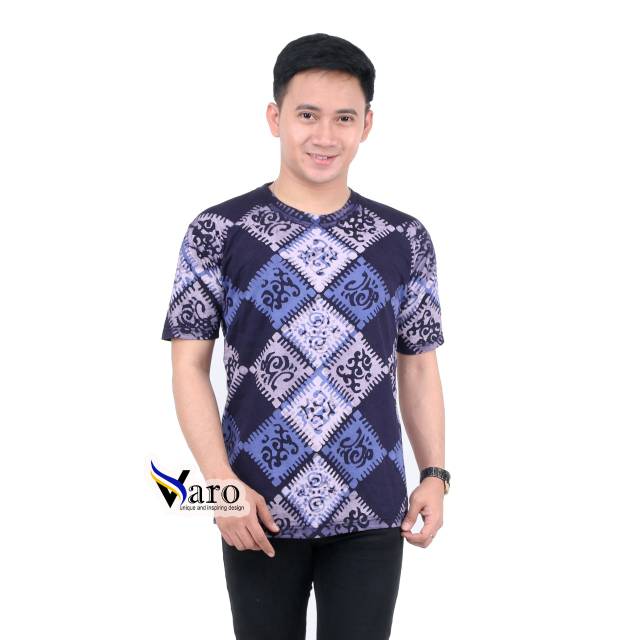 Kaos Batik Cap Motif Kotak Biru / Kaos Batik Pekalongan