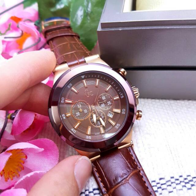 Jam Gc Pria Chronograph Leather Dark Brown Super Grade Premium Clone Miyota Japan