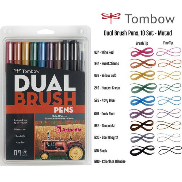 

Tombow Dual Brush Pen Set with Blender - Muted Palette Pack of 10 - Tombow ABT Brush Pen set 10