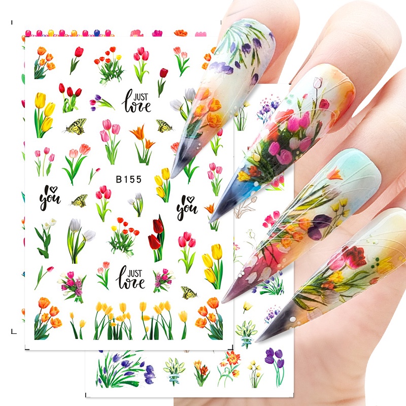 1 Lembar Stiker Kuku 3D Desain Bunga Tulip Warna-Warni Untuk Dekorasi Nail Art