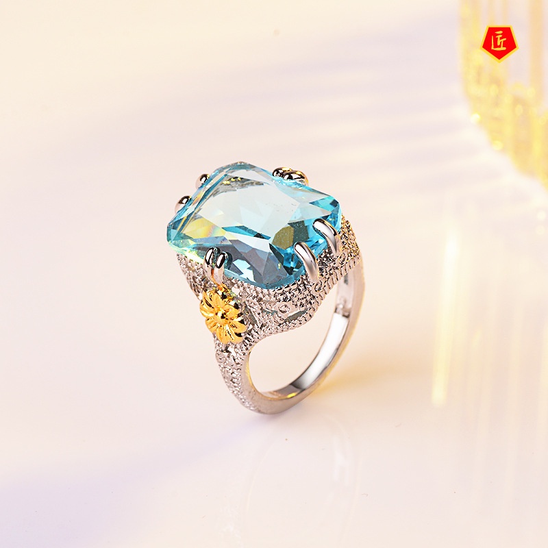 [Ready Stock]Elegant Blue Rhinestone Ring Women's Gold Color Separation Flower Ornament