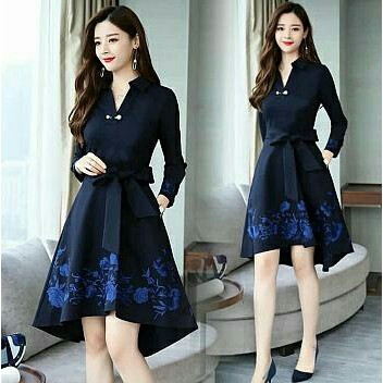 Dress Pesta Gaun Pesta Dress Wanita DRESS FLOWER LUXURY NAVY