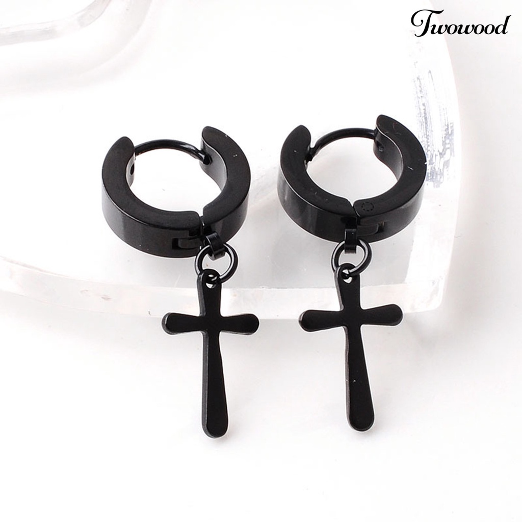 Twowood 1Pc Unisex Dangle Earring Cross Korean Style Stainless Steel Simple Bright Luster Hoop Earring for Daily Wear
