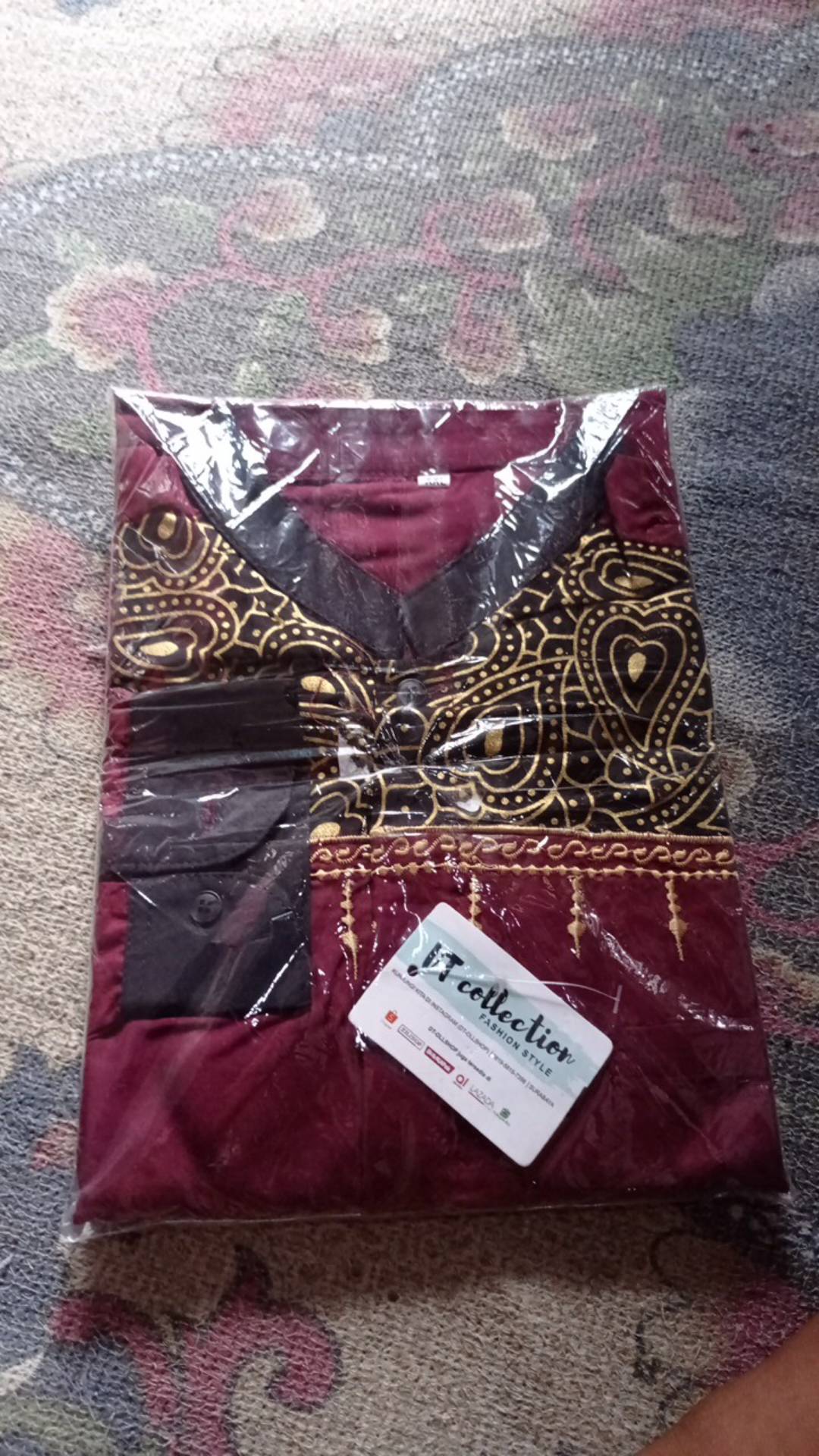 Cod - Dt Collection - Kemeja Batik Pria Cowok Muslim Bordir Kombinasi Gold Maroon Lengan Panjang