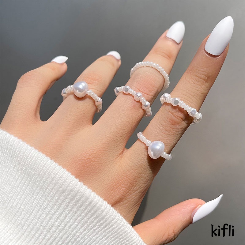 5 Piece,Korea Set Baru Kreatif,Mutiara Cincin,Bulat Manik-manik Cincin,Perhiasan Wanita Sederhana