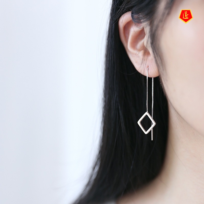 [Ready Stock]Simple Korean Silver Tassel Geometric Earrings for Women