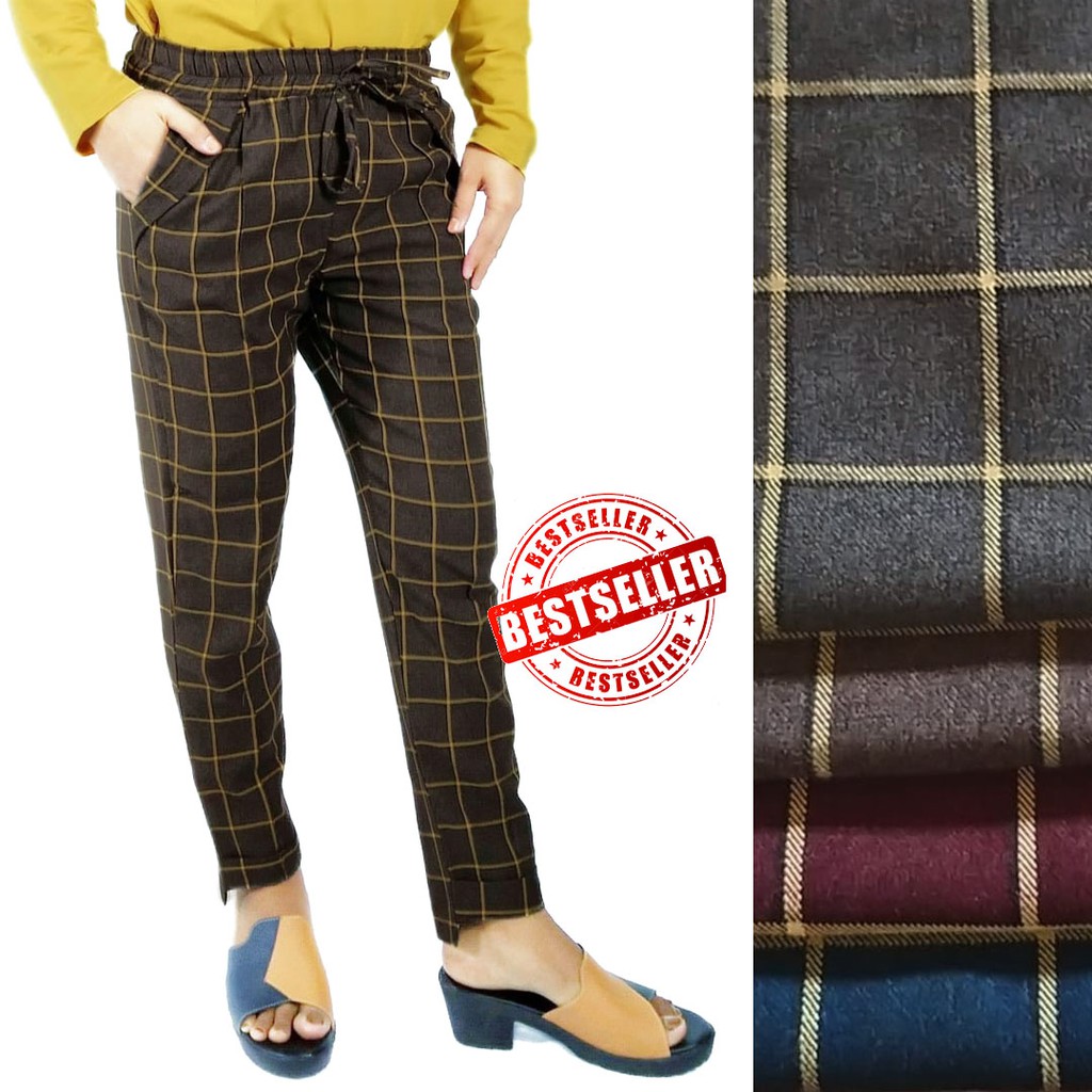 Akhmar Baggy  Pants  Tartan Celana  Panjang Wanita Kotak  BA71 