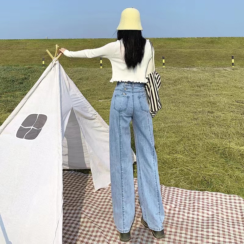 High waist Korean Style Kasual Kulot Loose Straight Panjang Denim Bagy Wide Leg Celana Jeans Wanita