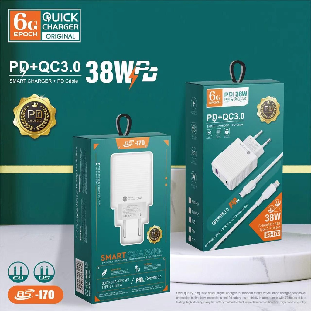 Travel Charger EPOCH 6G 2USB 38W Super Fast Charging BS160 BS170 BS180 Casan 38Watt Dengan Kabel Data Micro