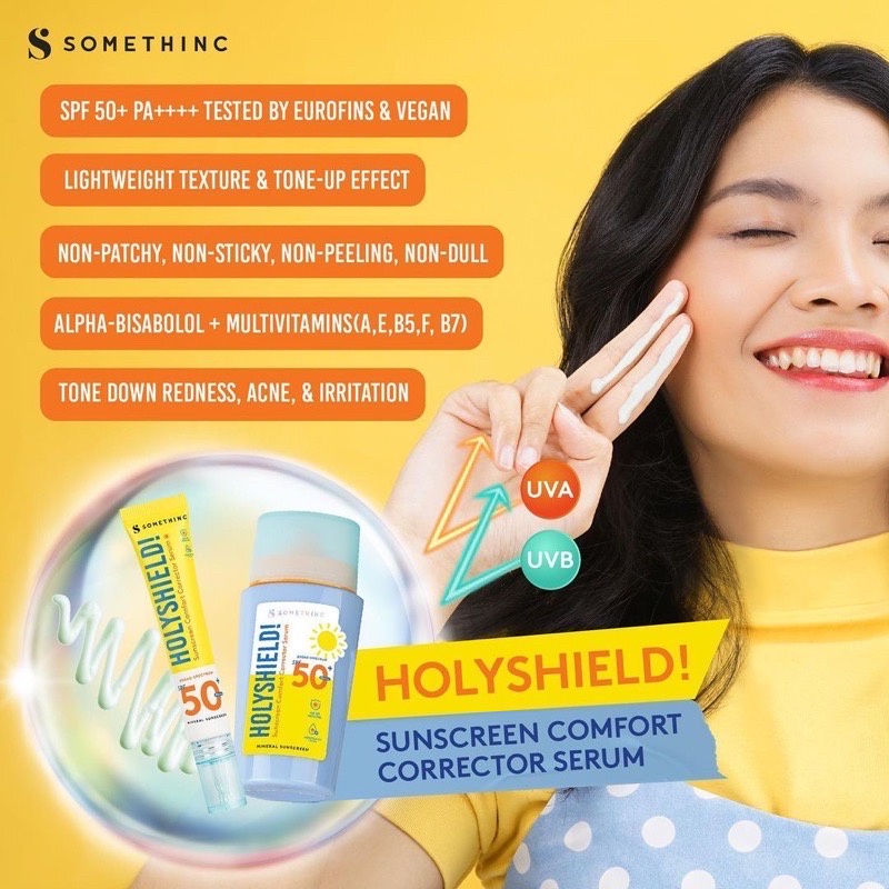 SOMETHINC Sun Care Indonesia / Sunscreen SPF 50 PA++++ UV Shield Suncare Sunblock Sunblok Gel Mist Spray Stick Serum Holyshield Glowing Up / Skincare Body Care Make Up / Cleanser Essence Toner Eye Cream Mask Masker Moisturizer Pelembab / Paket Set Face