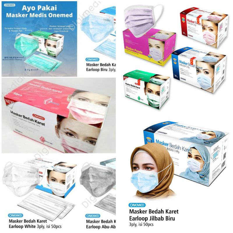 Jual Masker ONEMED 3 Ply Earloop / Headloop HIjab Jilbab Box Isi 50 Pcs ...