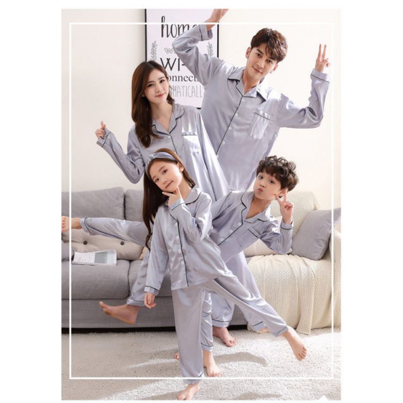 piyama lengan panjang satin polos Set Celana Baju Tidur Couple Keluarga setelan piama