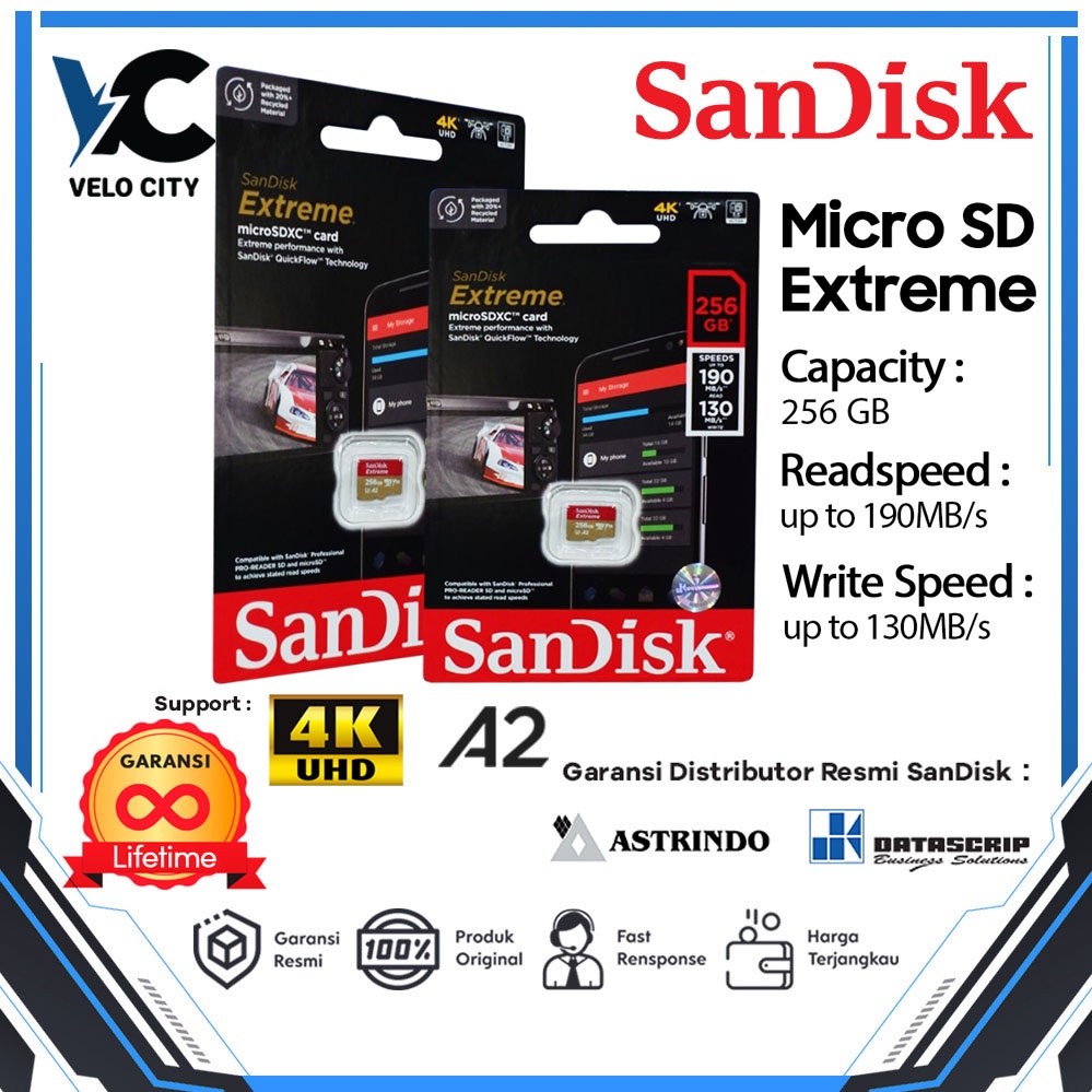 Memory Card | Micro SD 256GB SanDisk Extreme up to 190Mbps U3 A2 V30 - Garansi Resmi Lifetime