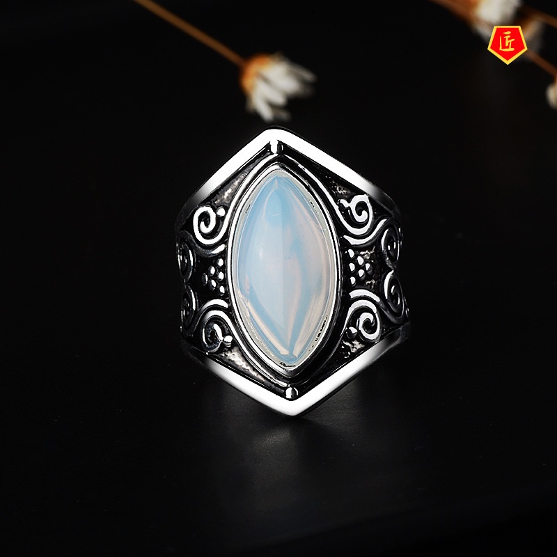 [Ready Stock]Fashion Retro Moonstone Opal Silver Ring Punk Exaggerated