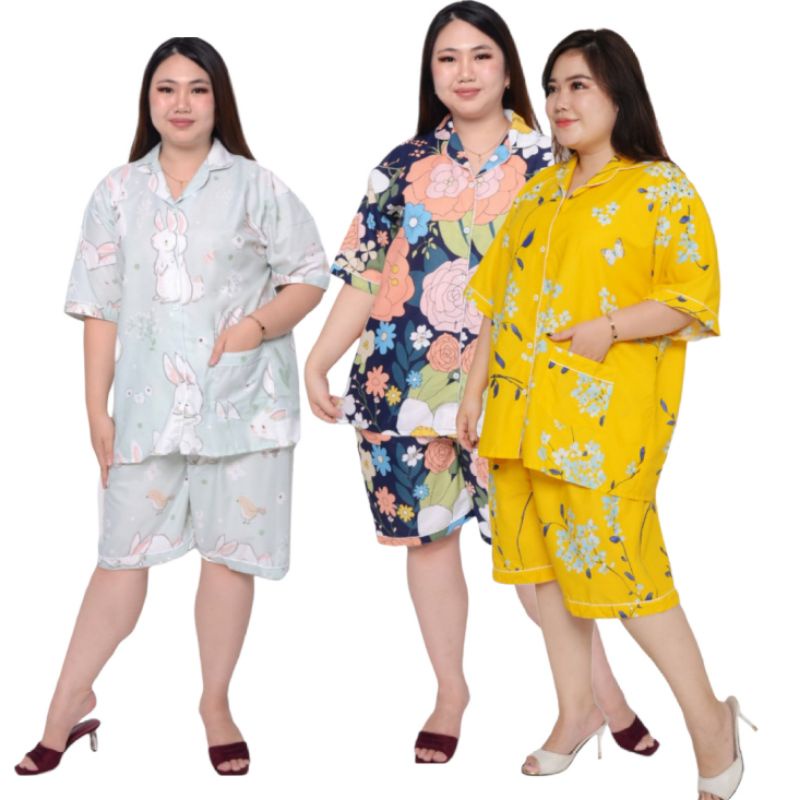 piama jumbo hot pant / baju tidur bigsize celana pendek setelan lengan pendek /piyama karakter katun