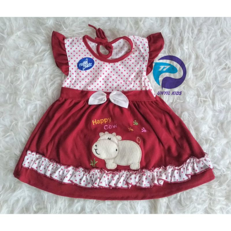 (Karawang)Setelan Baju Bayi Perempuan / Dress Planet Kidz Cow Merah