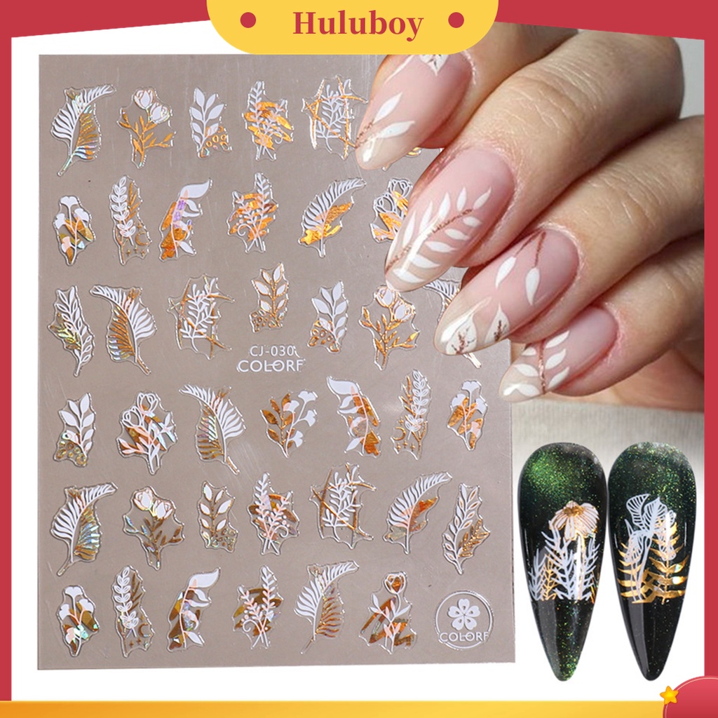 Huluboy Huluboy♡ Stiker Kuku Glitter Efek 3D Ultra Tipis Motif Daun Pohon Bronzing Untuk Manicure