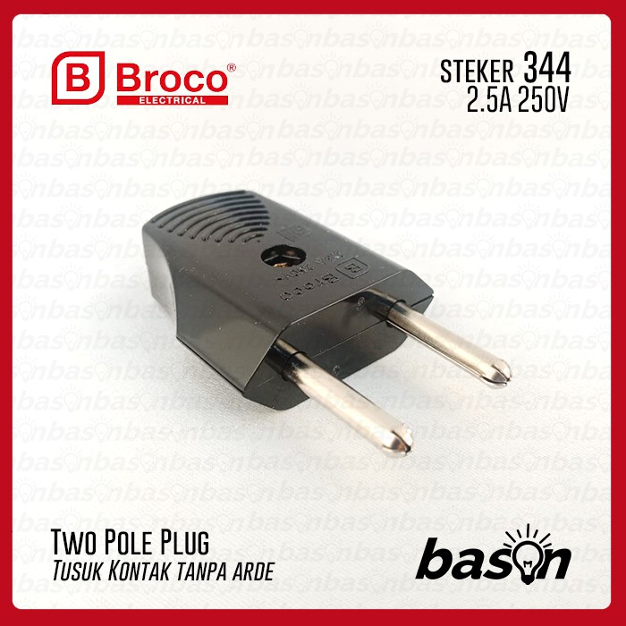 BROCO 344 STD 2-Pole Plug 2.5A 250V Black - Steker Biasa 344LN