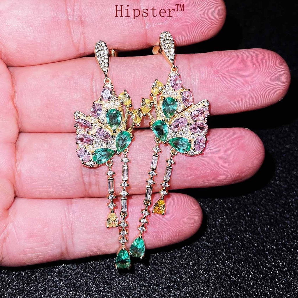 New Colorful Diamond Earrings Elegant and Ethnic Style Long Tassel Butterfly Earrings