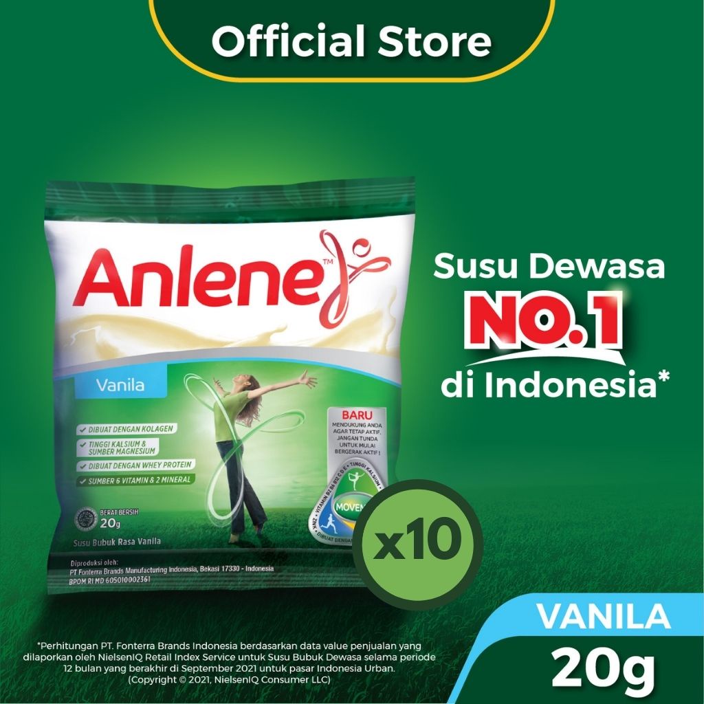 Anlene Susu Bubuk Dewasa Vanila 10 x 20g Sachet - Nutrisi Tinggi Kalsium Untuk Tulang, Sendi, dan Otot