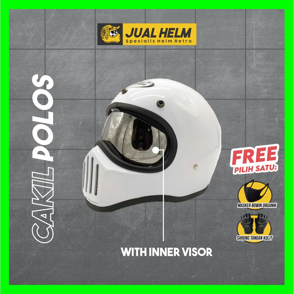 Helm Cakil HBC Polos White Glossy + Inner Visor ( Fullface / Retro / Klasik / Vespa )