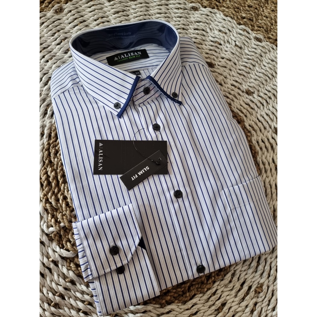 alisan kemeja alisan motif garis salur kecil  lengan panjang slim fit