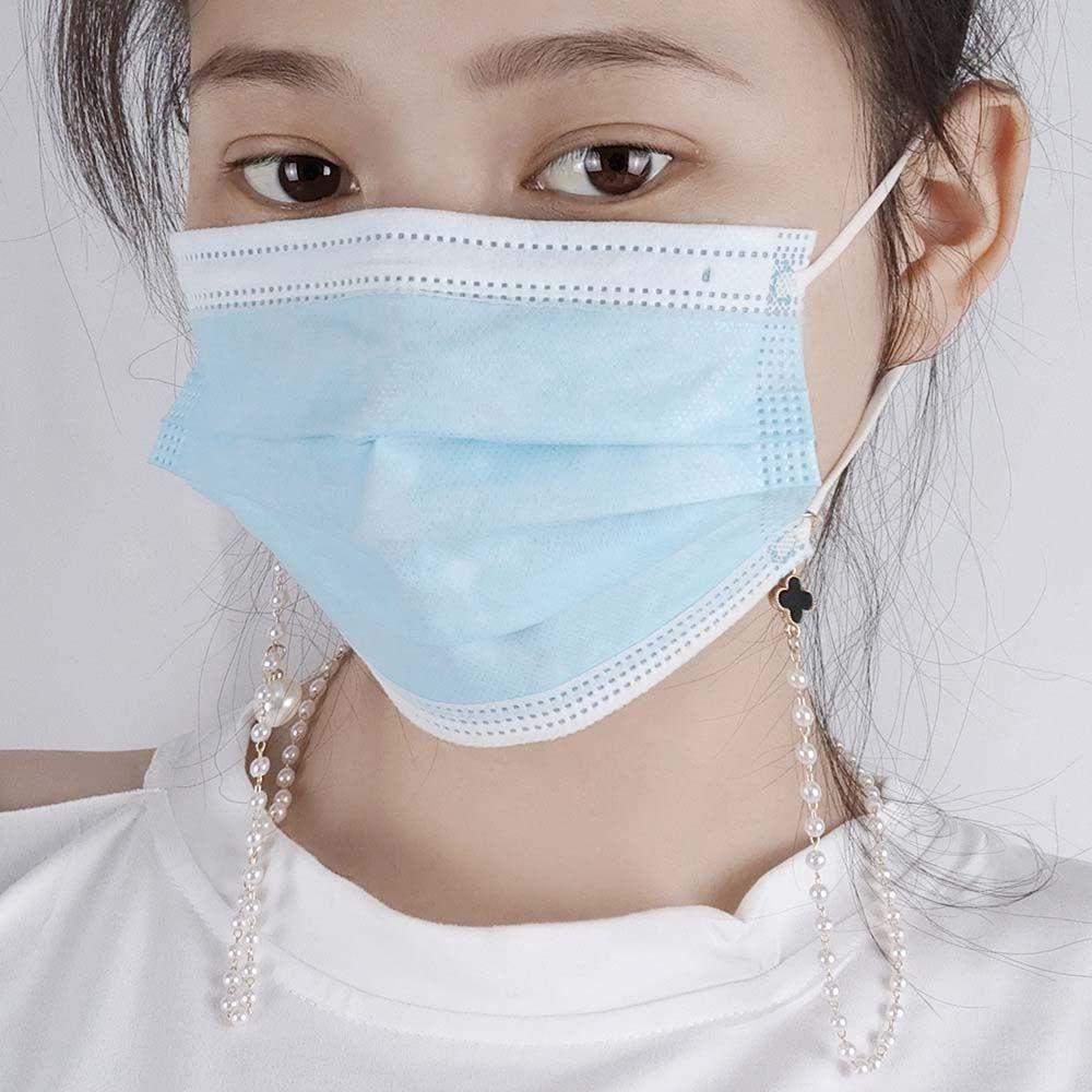 Agustinina Mutiara Masker Rantai Kacamata Perhiasan Temperamen Wanita Anti-lost Mutiara Rantai Empat Daun Semanggi Tembaga Masker Lanyard