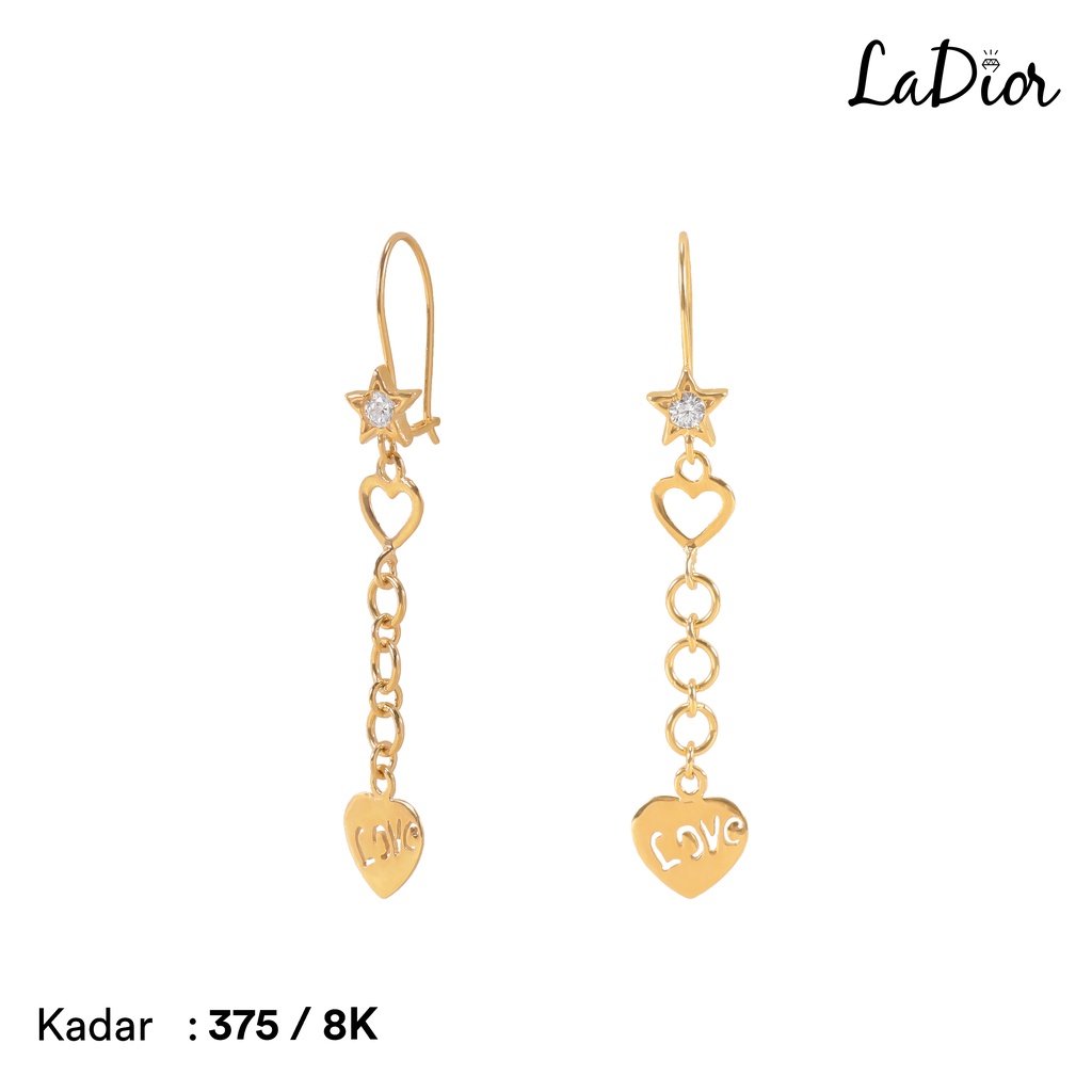 LADIOR - Anting Panjang Emas Asli kadar 375 Model Bintang Love -  051 - 8K - Yellow Gold