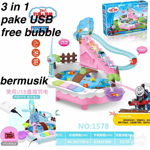 (lolipop) Mainan 3 IN 1 pake USB pancingan ikan/Magnet Seluncuran penguin/Bermusik