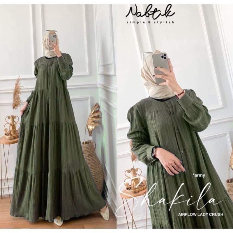 Shakila Maxy Dress Gamis Crinkle Airflow Lady Crush Premium Full Kancing-Shakila army