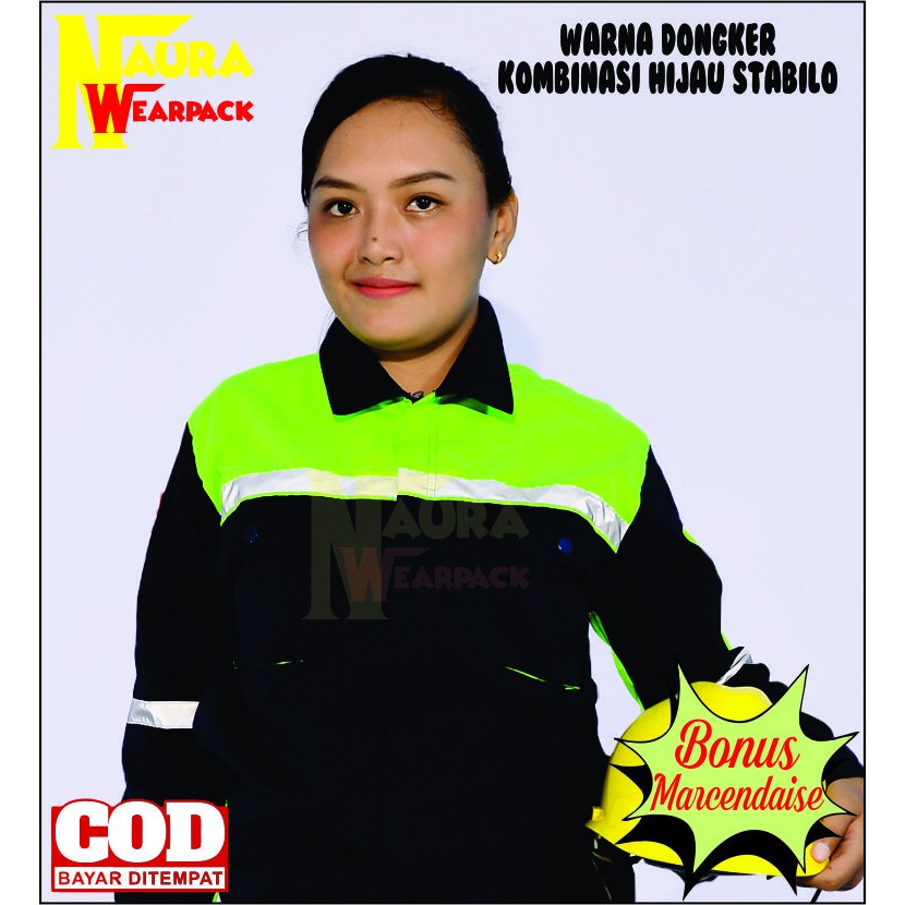 WEARPACK SAFETY/WEARPACK ATASAN LENGAN PANJANG WARNA DONGKER KOMBINASI HIJAU STABILO