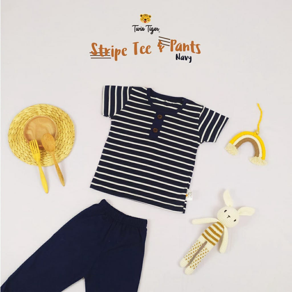 TWIN TIGER SETELAN PENDEK + PANJANG SET ANAK STRIPE TEE BAJU ANAK GARIS 1 - 5 TAHUN