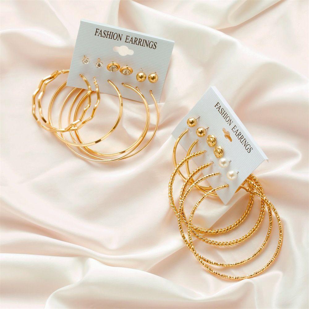 Mxbeauty Anting Hoop set Trendi 6pasang/set Sederhana Bentuk Bulat Hadiah Pesta Gaya Bohemian Berlian Imitasi Gadis Gaya Korea Earrings