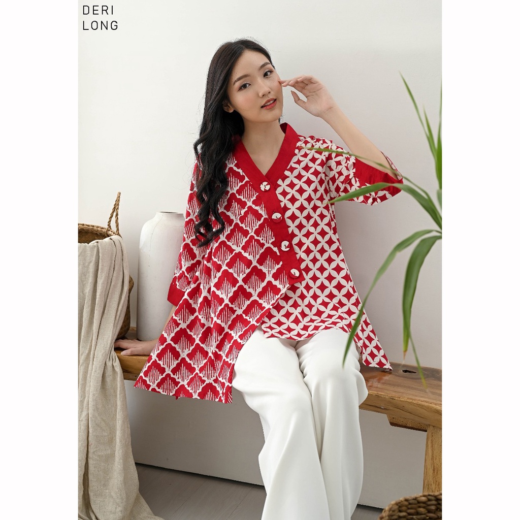 Evercloth Deri Blouse Wanita Atasan Wanita Baju Batik Wanita Jumbo Top Seragam