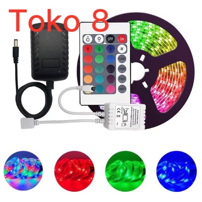 LAMPU LED  STRIP RGB 5050 WARNA WARNI IP44 AC 220V + ADAPTOR + REMOTE 5050 5m(LAMPU TIKTOK）