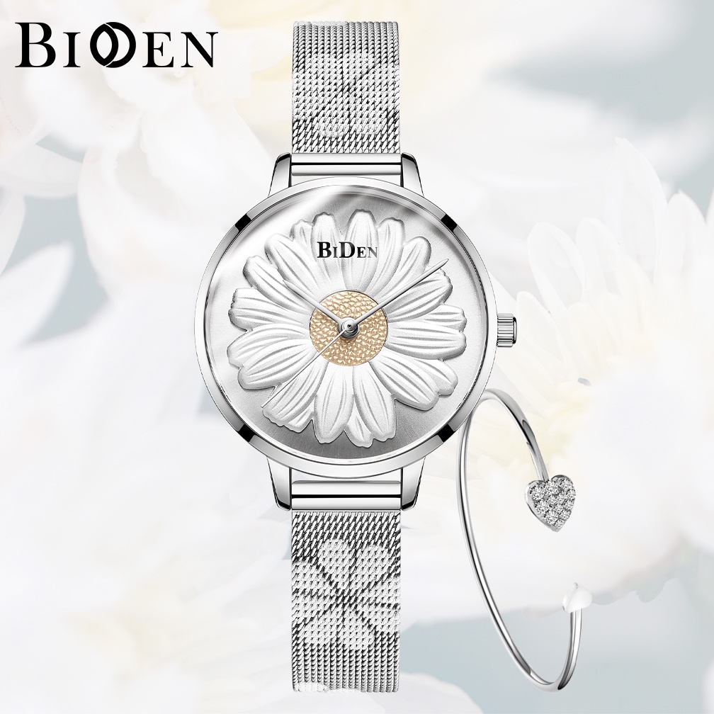 BIDEN Jam Tangan Wanita Santai Mode Krisan Dial Tahan Air Kuarsa Tali Jala Jam Wanita-Silver