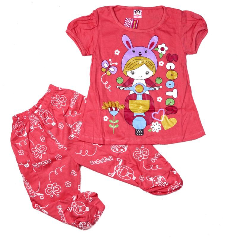 SETALAN BAJU  ANAK  PEREMPUAN CELANA JOGGER BAHAN KAOS GAMBAR SABLON  MOTIF SCOTER 2-7 TAHUN