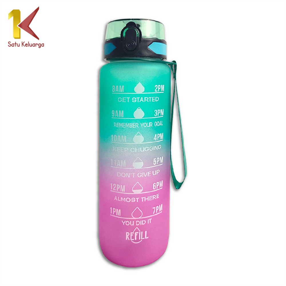 Satu Keluarga Botol Minum 1 Liter C407 Gradasi Tumbler Olahraga Sport Unik Botol Motivasi Thumbler Penanda Waktu BPA FREE-HIJAU-PINK