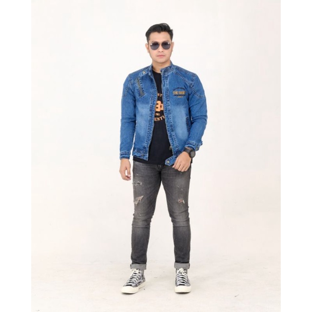 Jaket jeans pria bomber kerah sleting the berry original trending