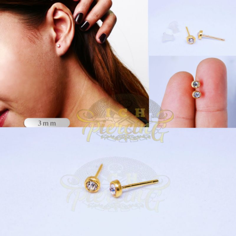 Anting Stud Kasual Emas 3mm  Aksesoris Anting Permata Wanita Gold Titanium steel