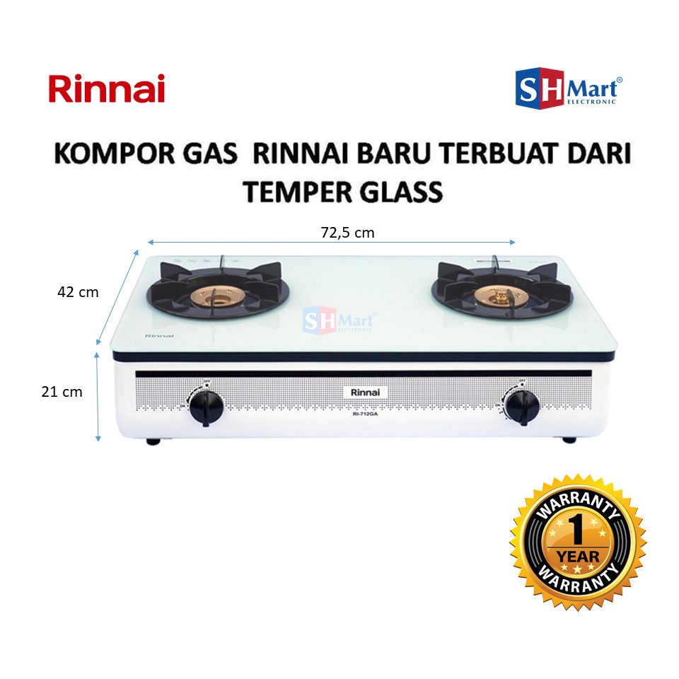 Rinnai Kompor Gas 2 Tungku Kaca RI-712GA  RI712GA 712GA (Medan)