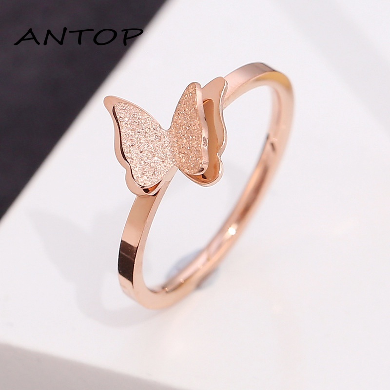 Korea Cincin Titanium Wanita Kupu Karat Lapis Emas Anti Karat Perhiasa Aksesoris Mode ANTOP