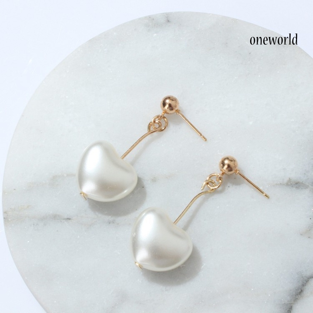 OW@ Elegant Love Heart Imitation Pearl Pendant Dangle Stud Earring Women Jewelry