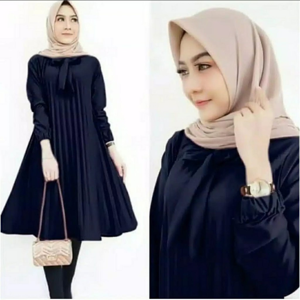 Tunik Plisket Tali Pita Leher// Model terbaru