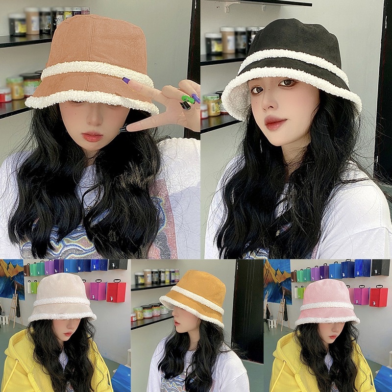 Topi Bucket Bahan Suede Wol Domba Tebal Hangat Dua Sisi Gaya Jepang Untuk Wanita